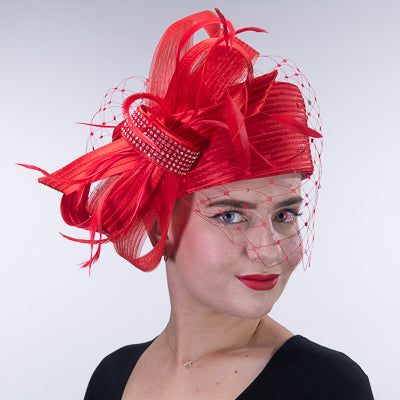 Rhinestone Trim Feather Bow Satin Ribbon Pillbox Hats