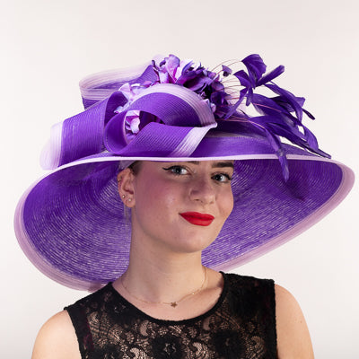Purple Flower Bow Wide Brim Stain Crown Crinoline Hat